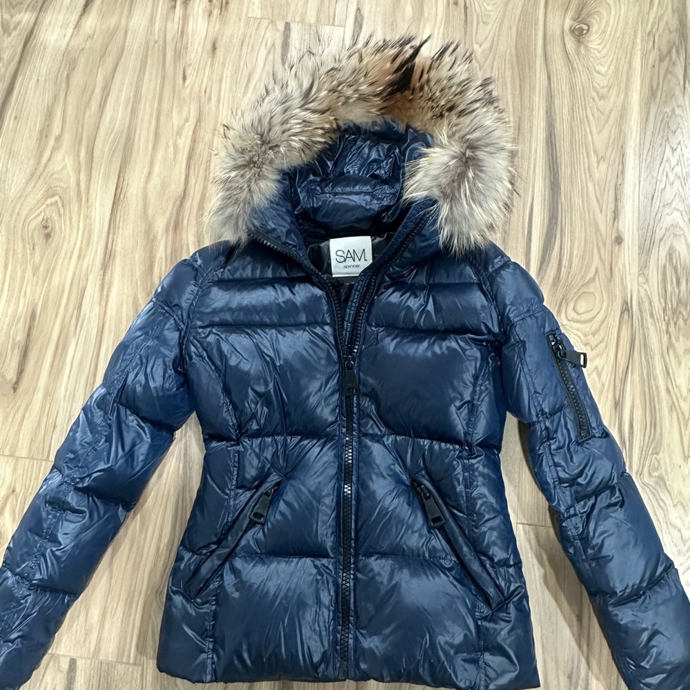 SAM. Midnight Blue Puffer with Fur Trim